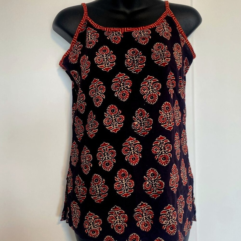 Linen Patterned Open Back‎ Tank Top Sleeveless Shirt Summer Women's Size Small